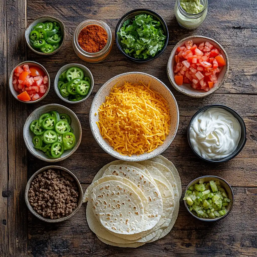 Ingredients for taco cupcakes displayed on a kitchen counter.