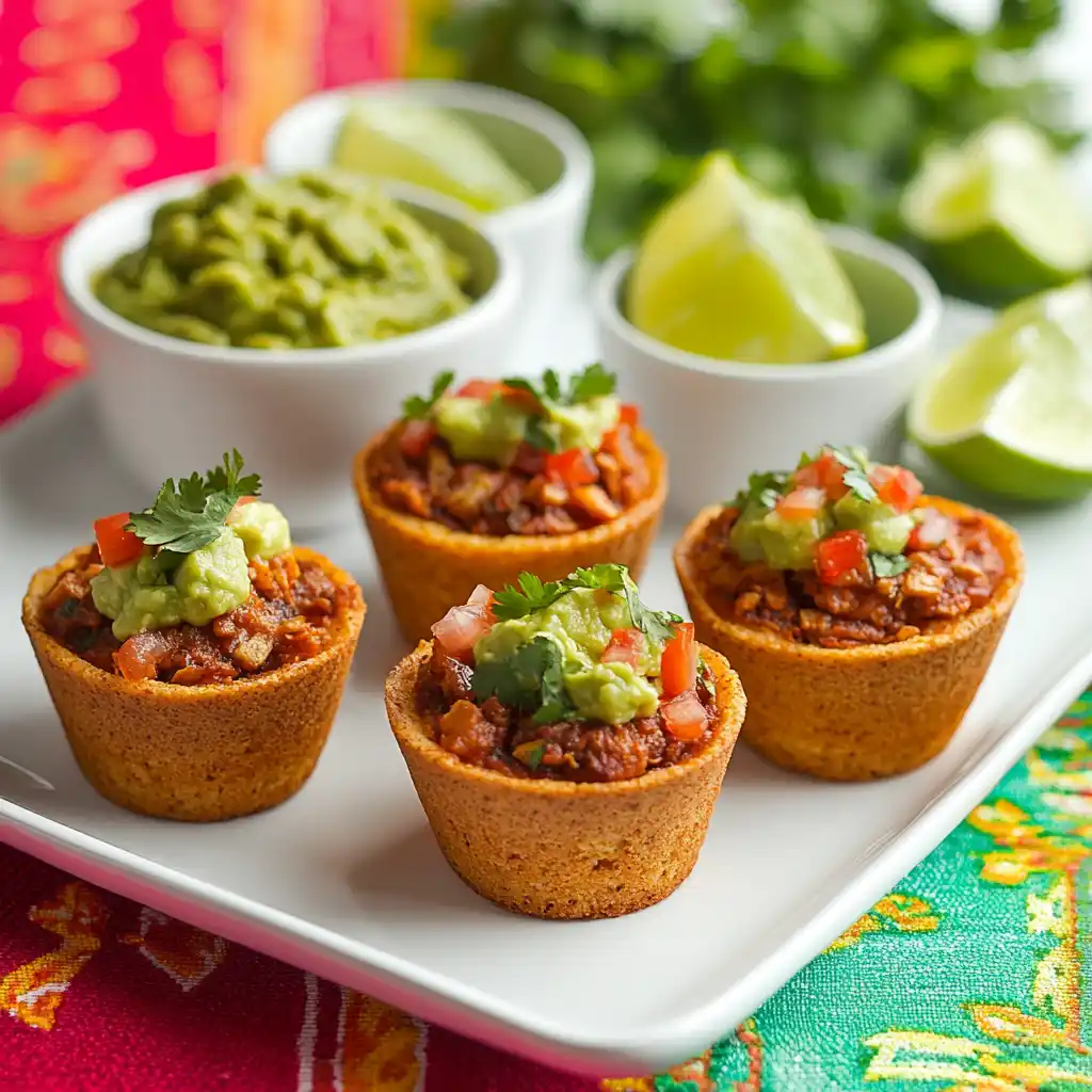 Taco cupcakes served with guacamole, salsa, and lime wedges.