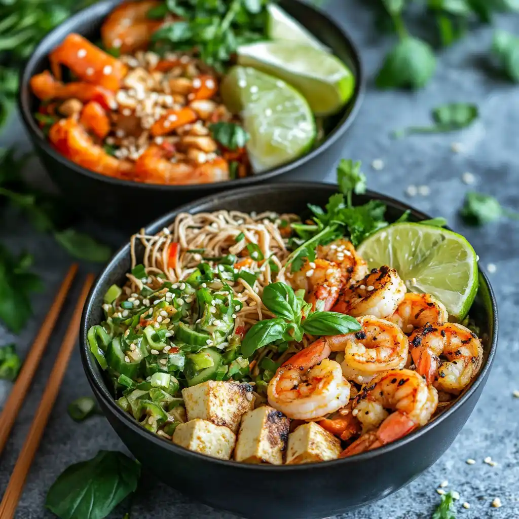 Different styles of Thai noodle salad, including vegetarian and protein-packed versions.