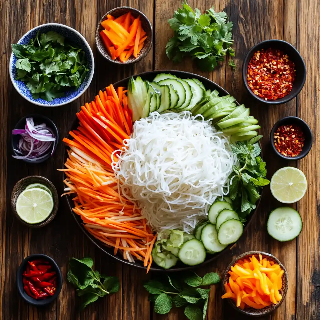 Ingredients for Thai noodle salad laid out on a table.