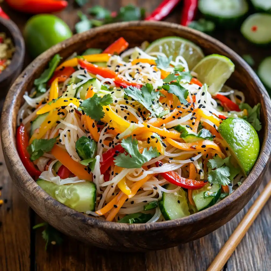 A vibrant bowl of Thai noodle salad with colorful vegetables and herbs