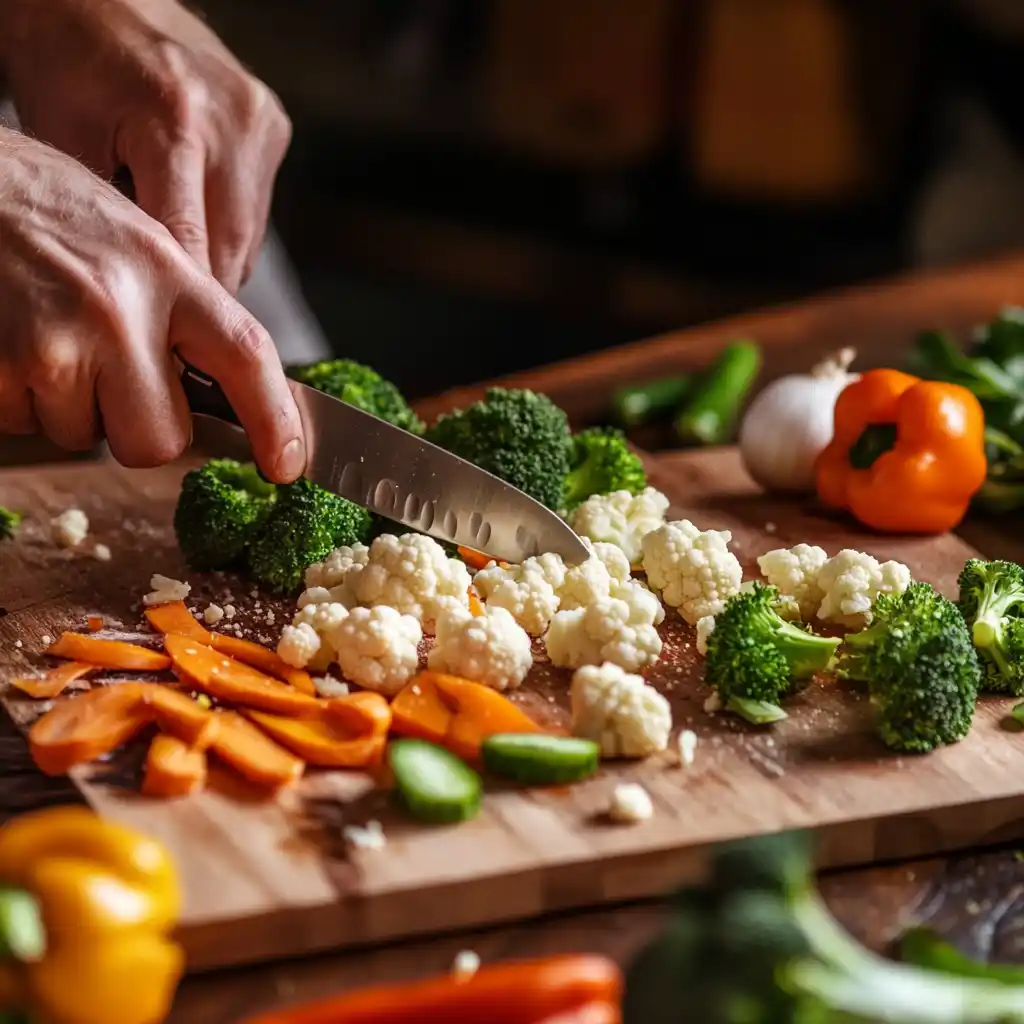 Hands chopping broccoli and cauliflower on a cutting board