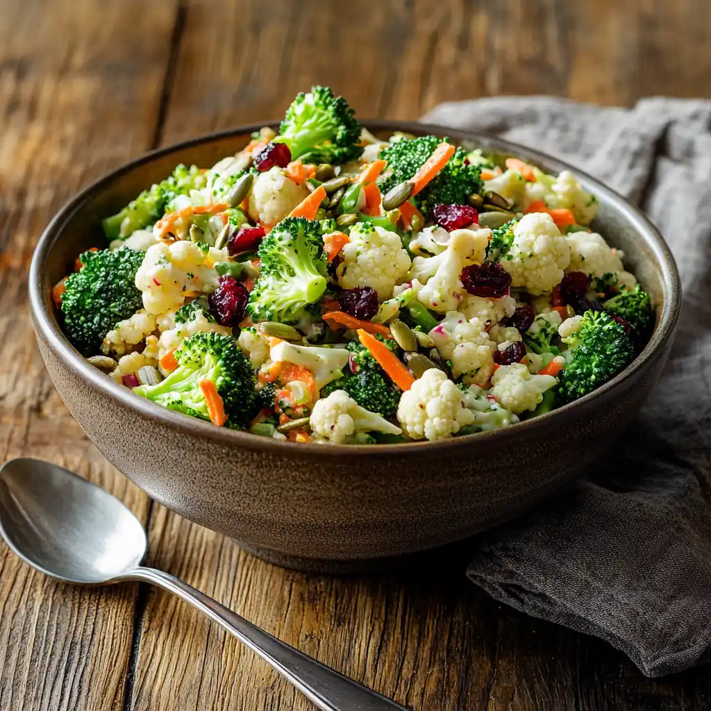 A fresh bowl of broccoli cauliflower salad with colorful ingredients