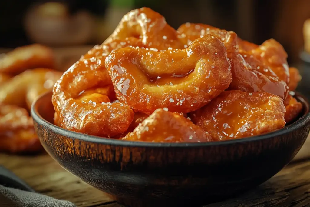 A bowl of golden butter toffee pretzels on a rustic wooden table.