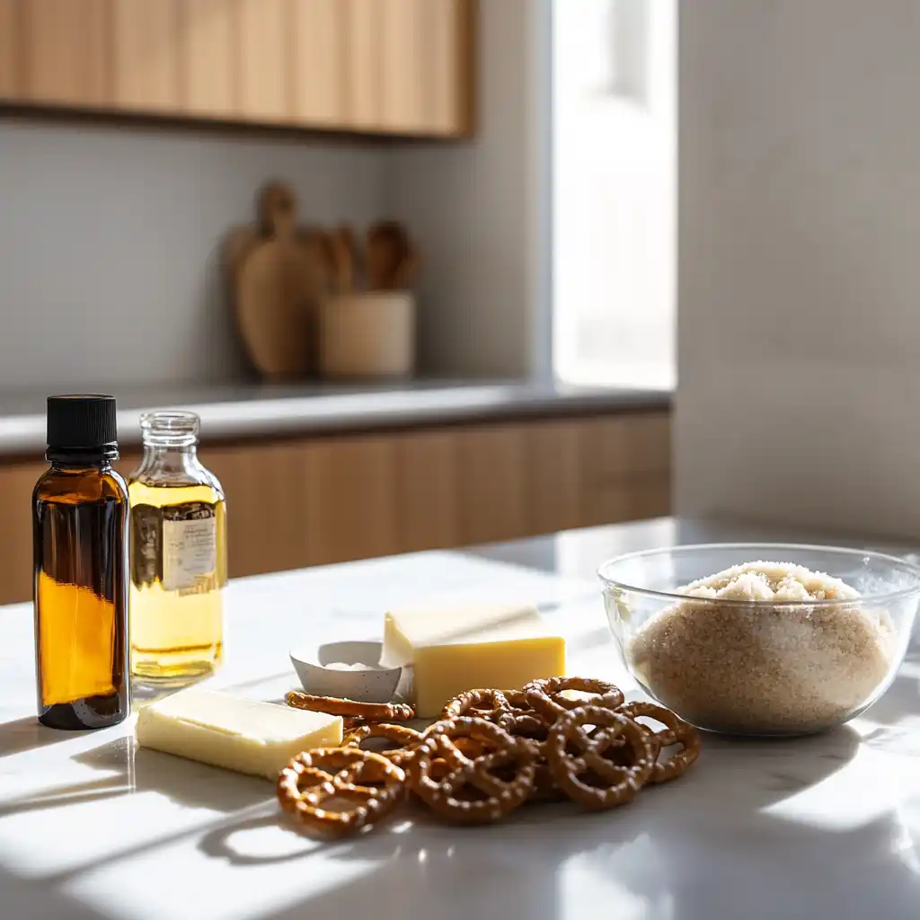 Ingredients for making butter toffee pretzels laid out neatly on a kitchen counter.