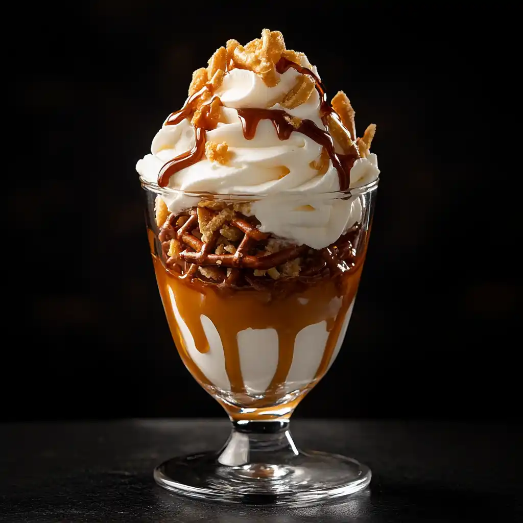 A layered dessert featuring butter toffee pretzels, whipped cream, and caramel drizzle.