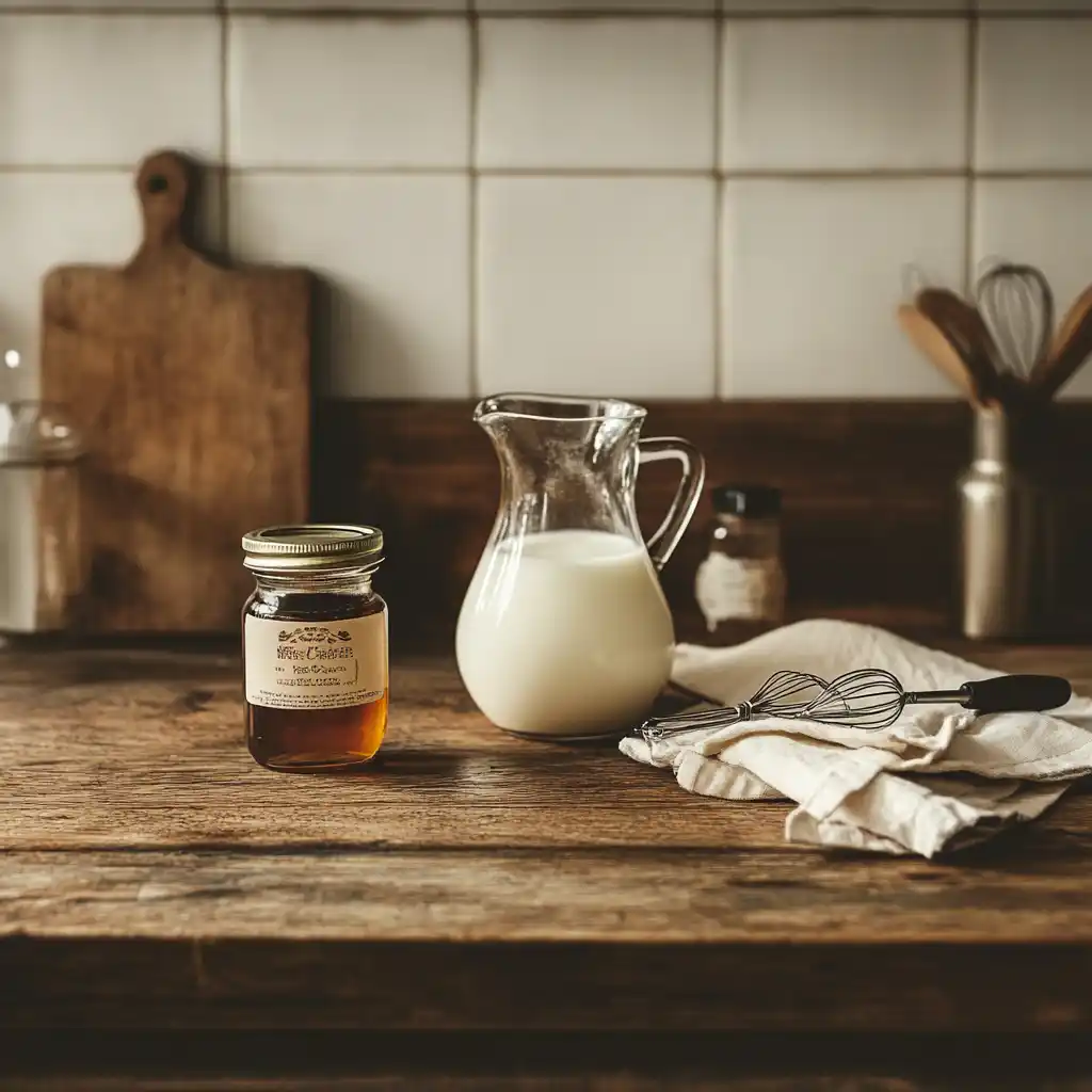 Ingredients for caramel milk on a countertop