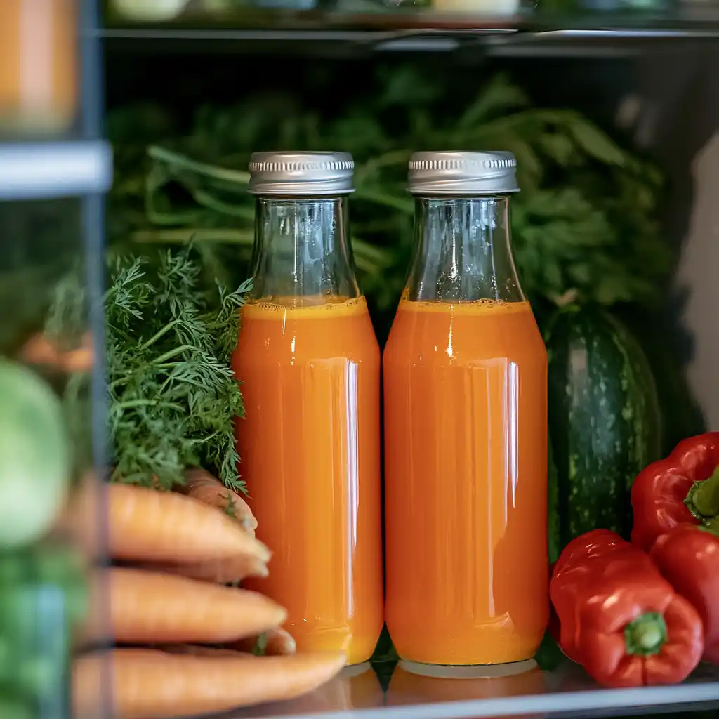 Carrot juice stored in glass bottles in a refrigerator