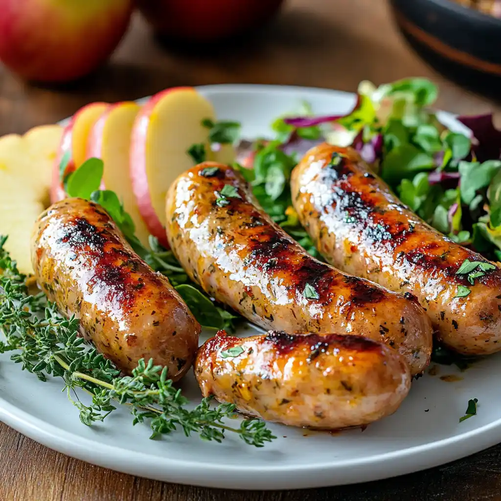 Chicken apple sausages grilling on an outdoor barbecue.