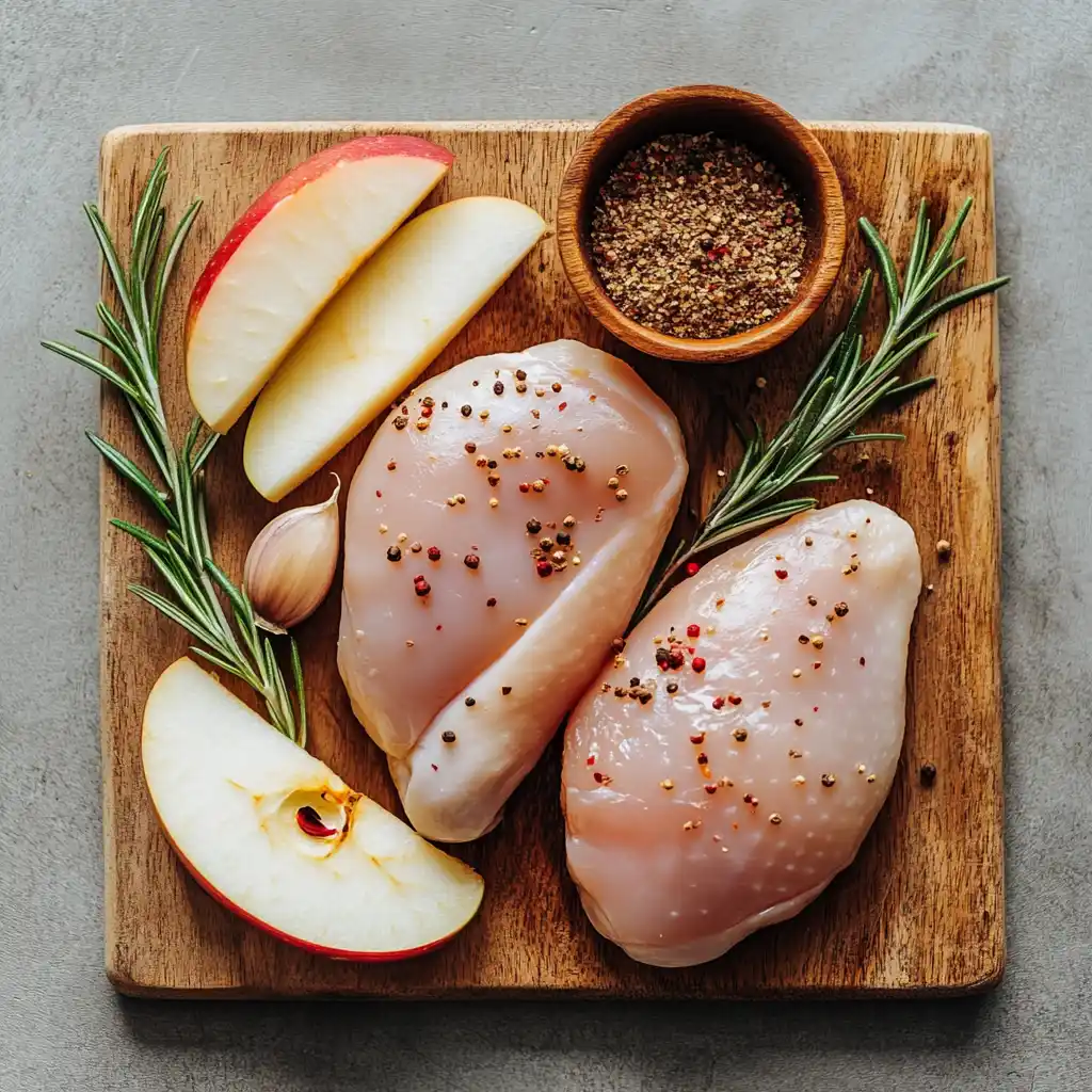 Raw chicken, sliced apples, and spices displayed on a wooden board.