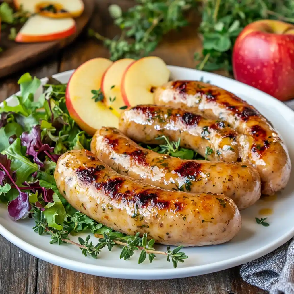 A beautifully plated dish of chicken apple sausage with fresh apples and herbs.