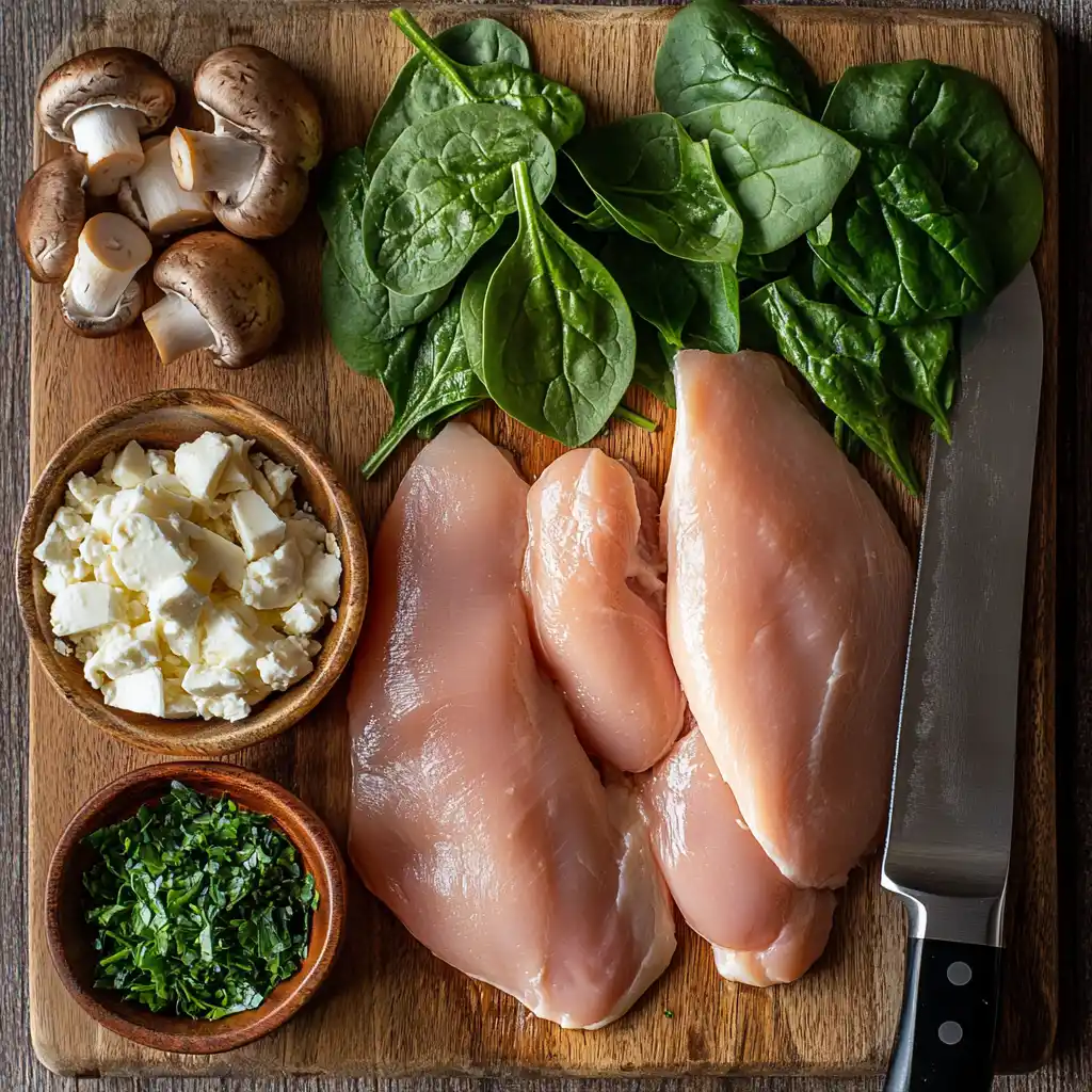 Ingredients for making chicken roulade laid out on a wooden surface.