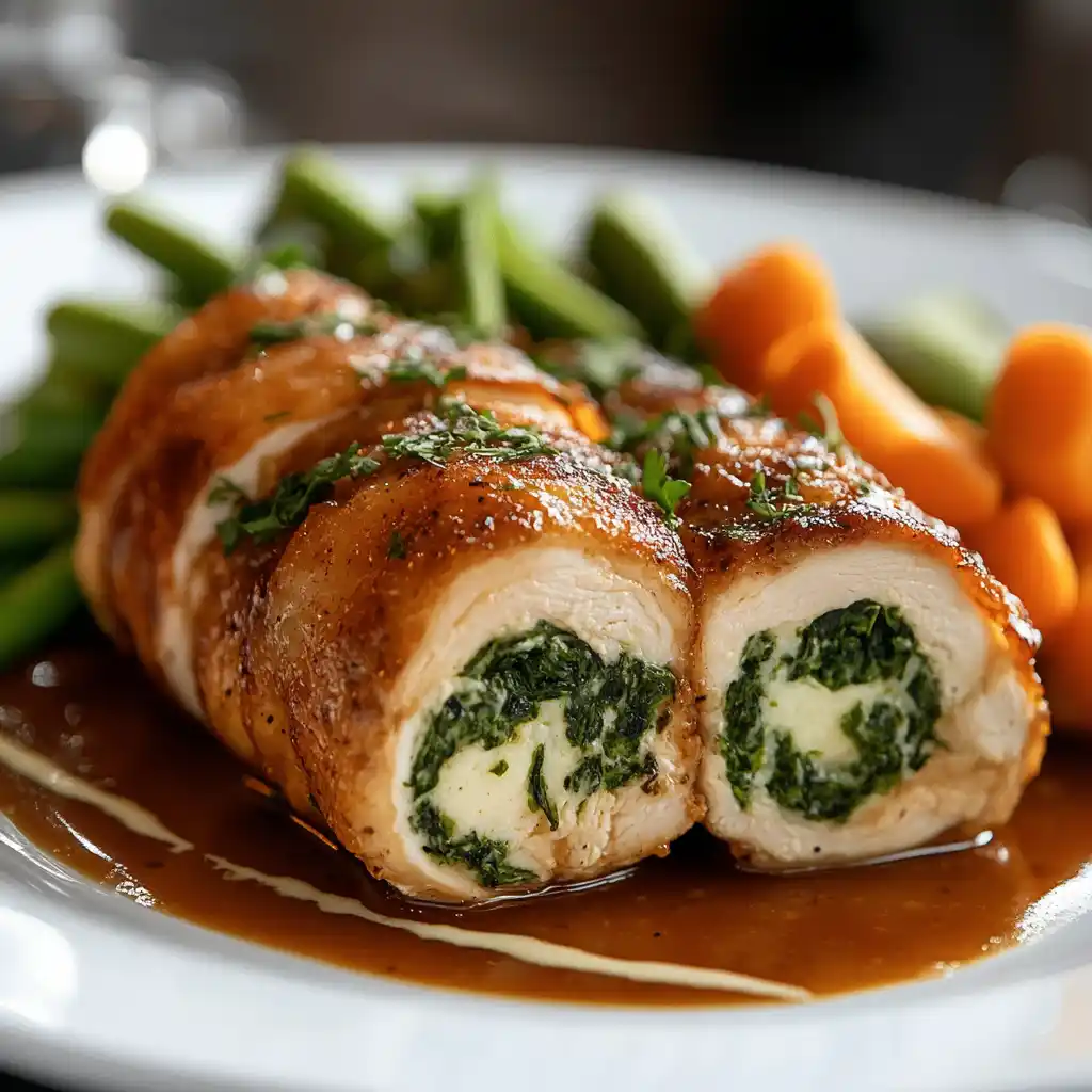 A beautifully plated chicken roulade dish garnished with fresh herbs.