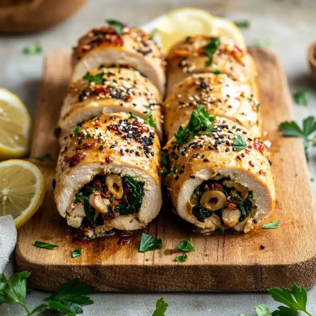 Three variations of chicken roulade showcasing different fillings.