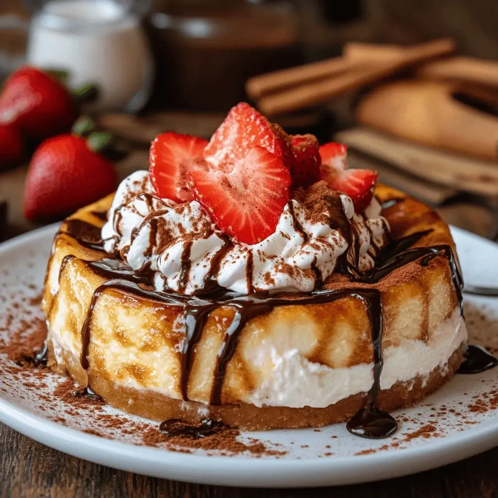 Chimi cheesecake served with ice cream on a decorative plate.