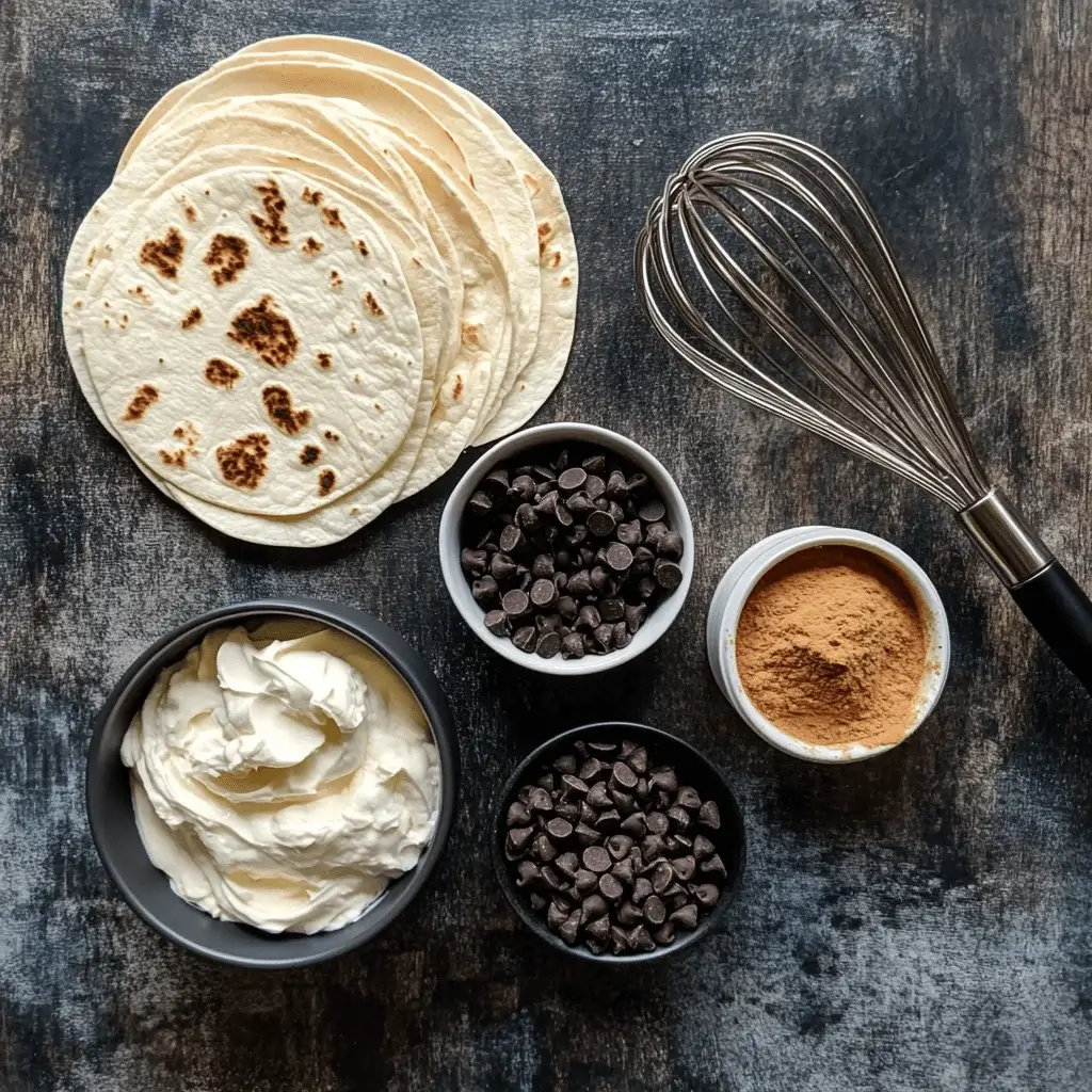 Cheesecake filling ingredients and tortillas on a countertop.