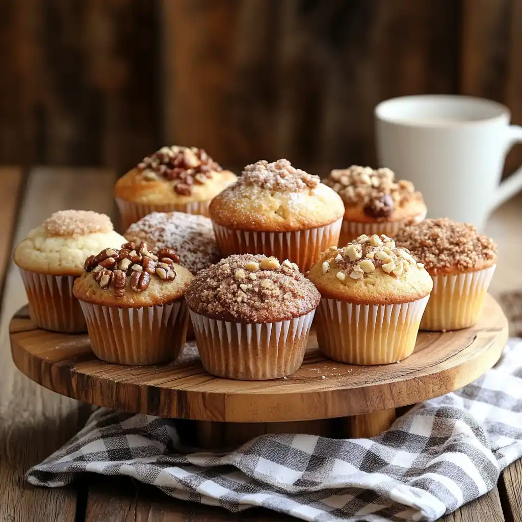 Muffins topped with cinnamon sugar and nuts.