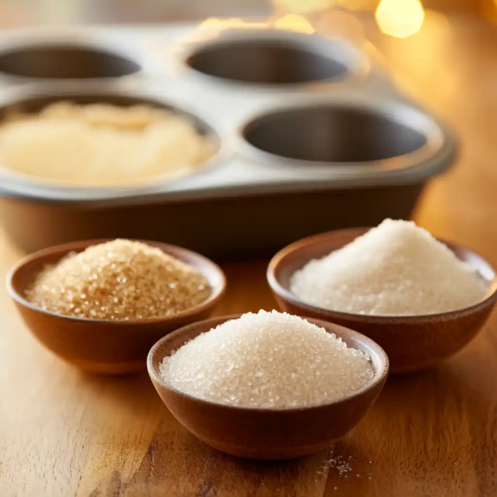 Three types of sugar: granulated, coarse, and brown sugar in bowls.