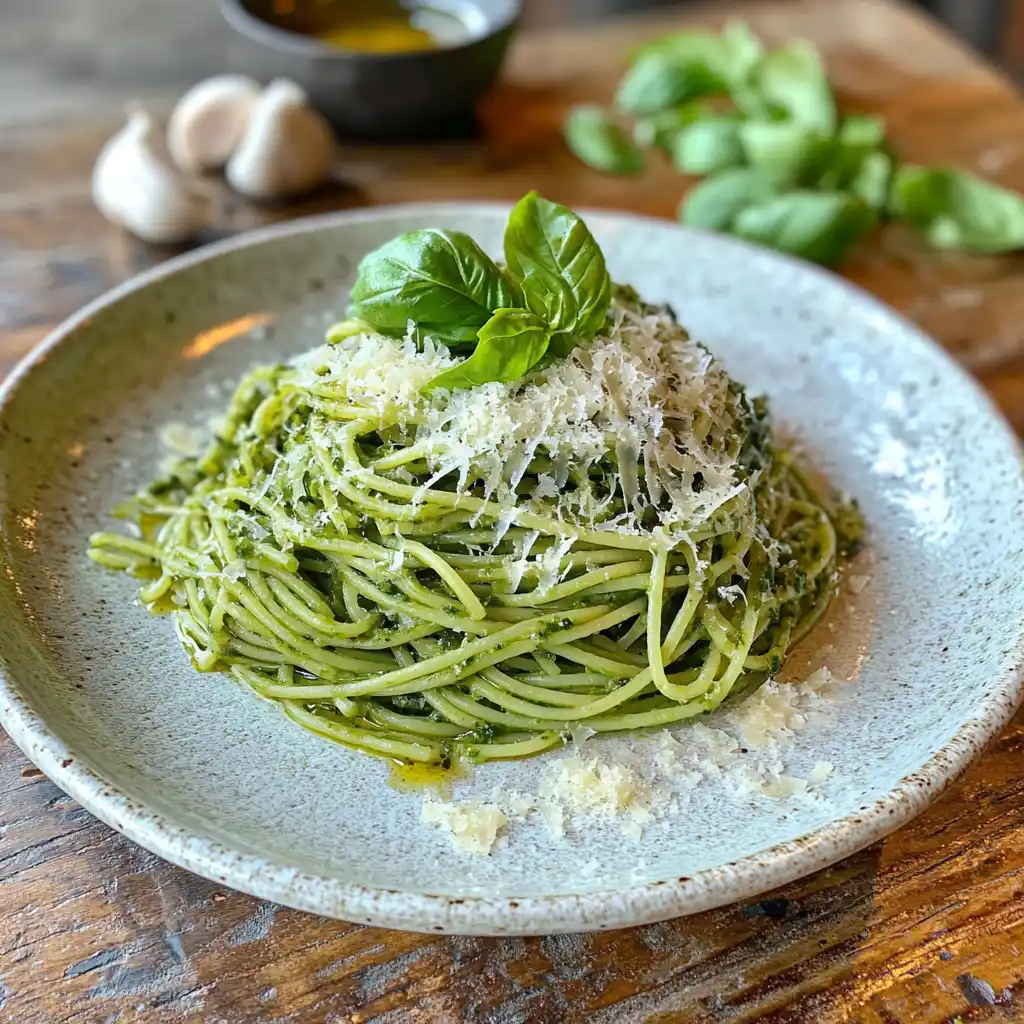 A step-by-step process of making green spaghetti with fresh ingredients like spinach and cream.