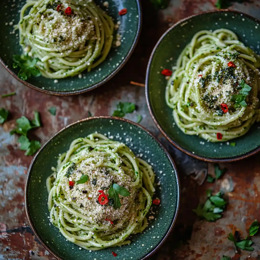 Three variations of green spaghetti: spicy, creamy, and vegan.