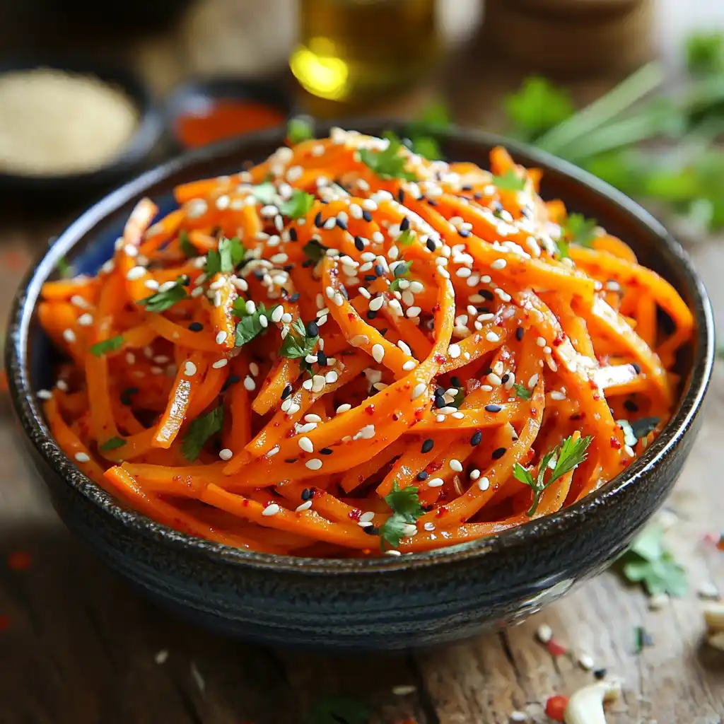 A vibrant bowl of freshly made Korean carrot salad