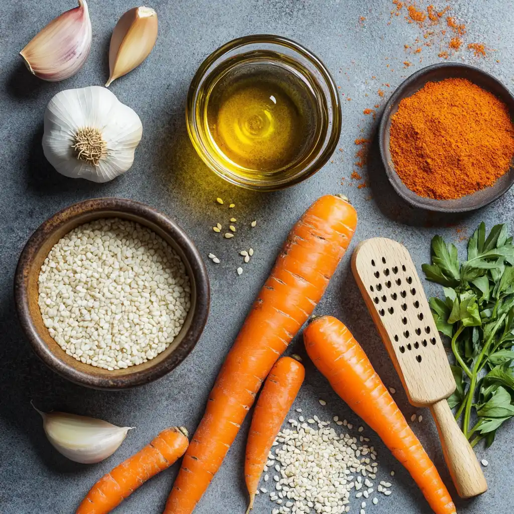 Ingredients for Korean carrot salad laid out on a countertop