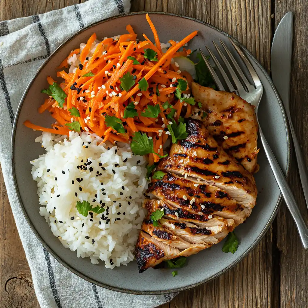 Korean carrot salad served alongside grilled chicken and rice