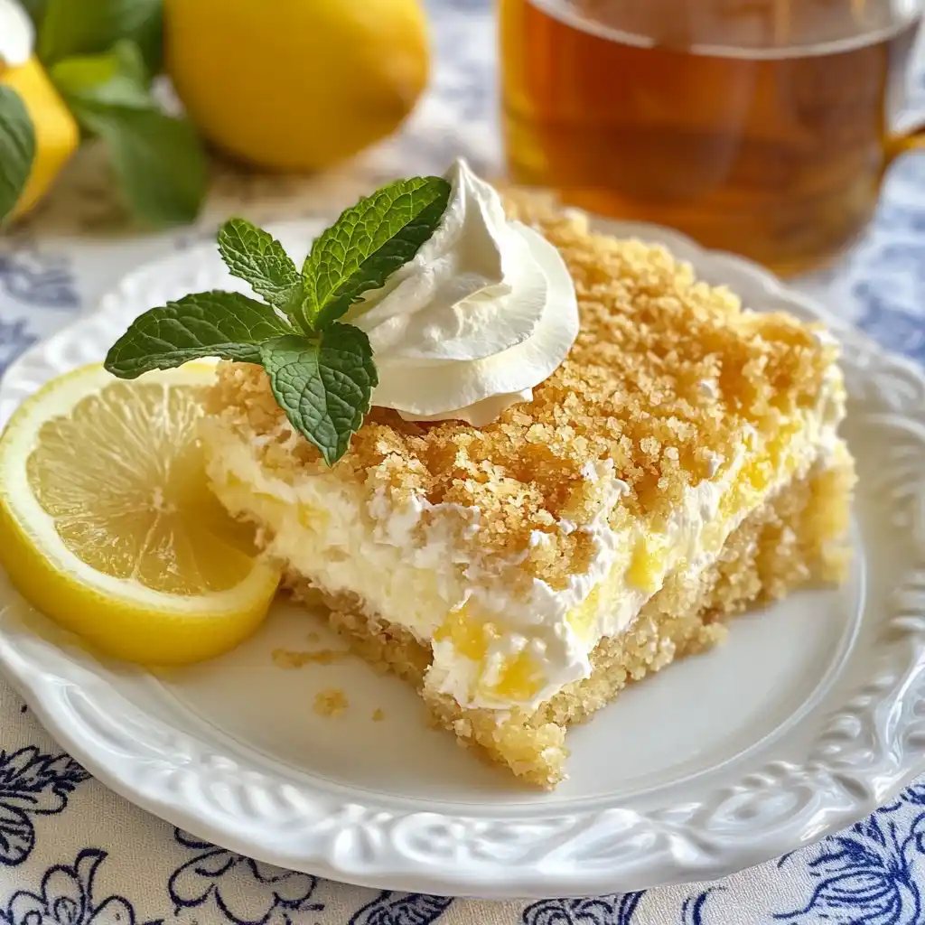 Lemon cream cheese dump cake served with whipped cream and mint