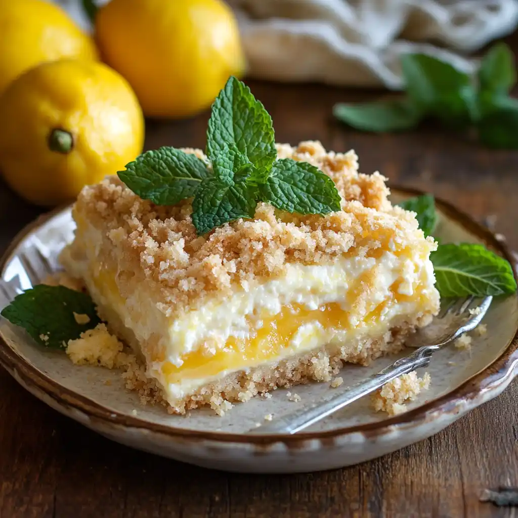 Lemon cream cheese dump cake served on a rustic plate