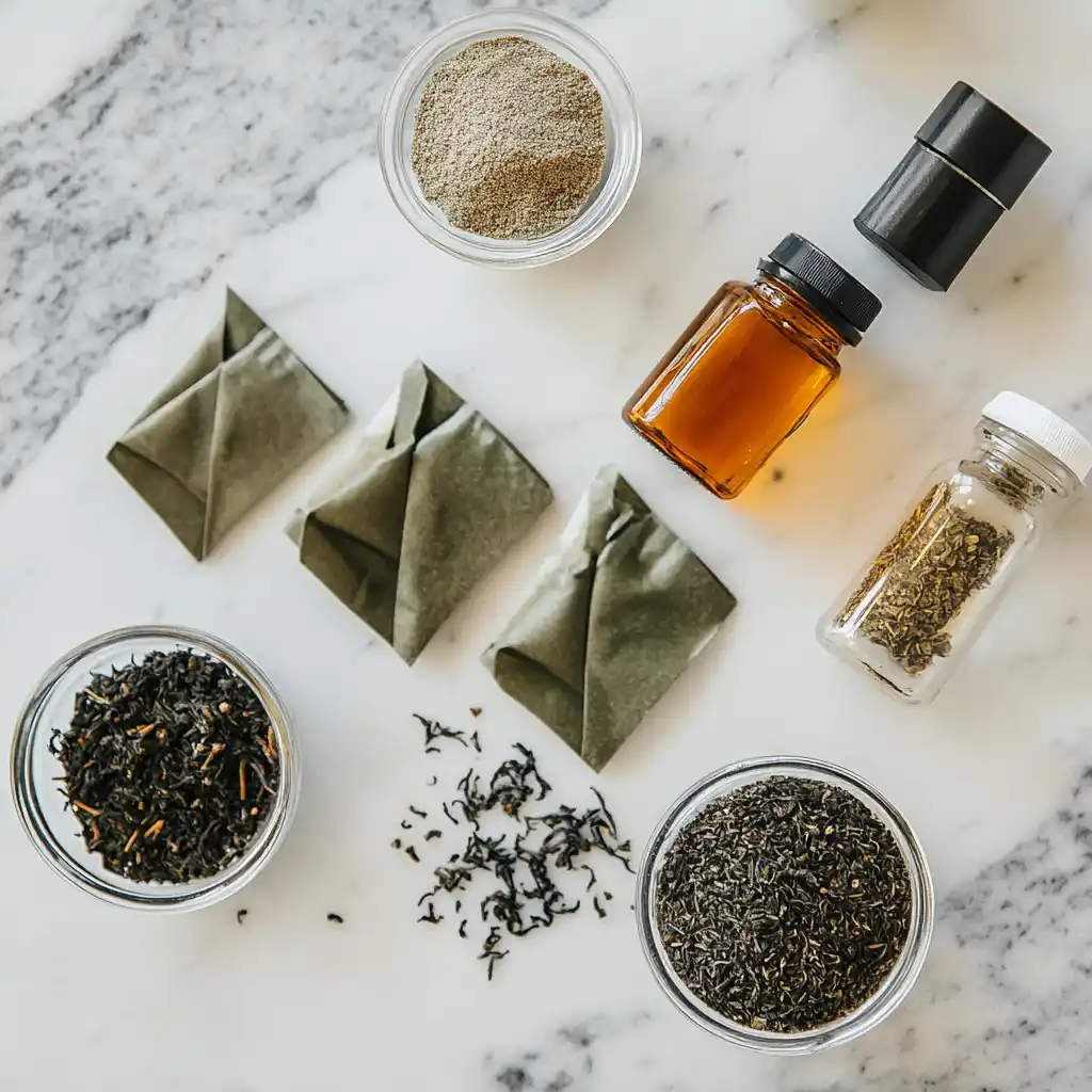 Close-up of key ingredients for loaded teas: tea bags, herbal extracts, and caffeine powders.