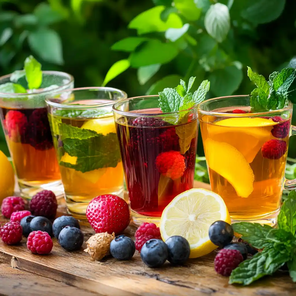 A colorful assortment of loaded teas in glass cups with fruit garnishes.