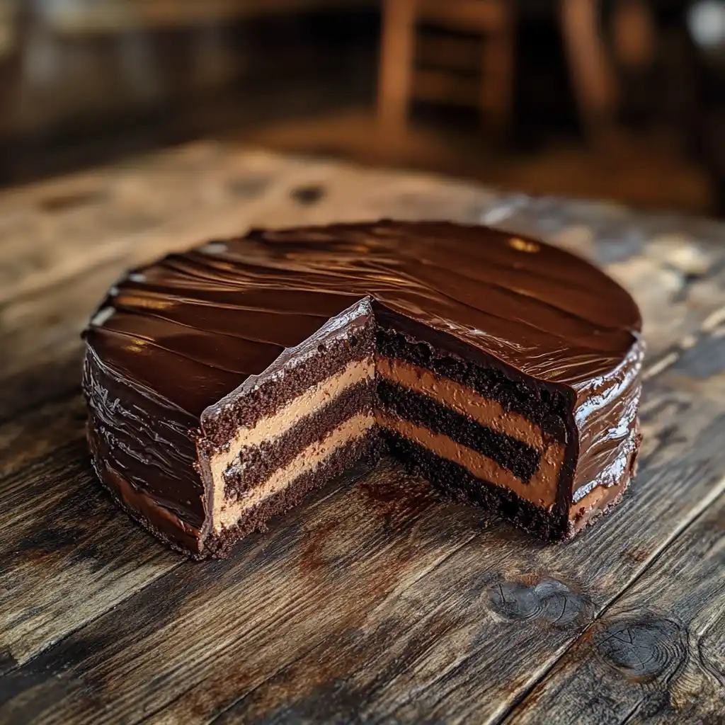 A rich chocolate Matilda cake with a slice cut out, revealing moist layers inside