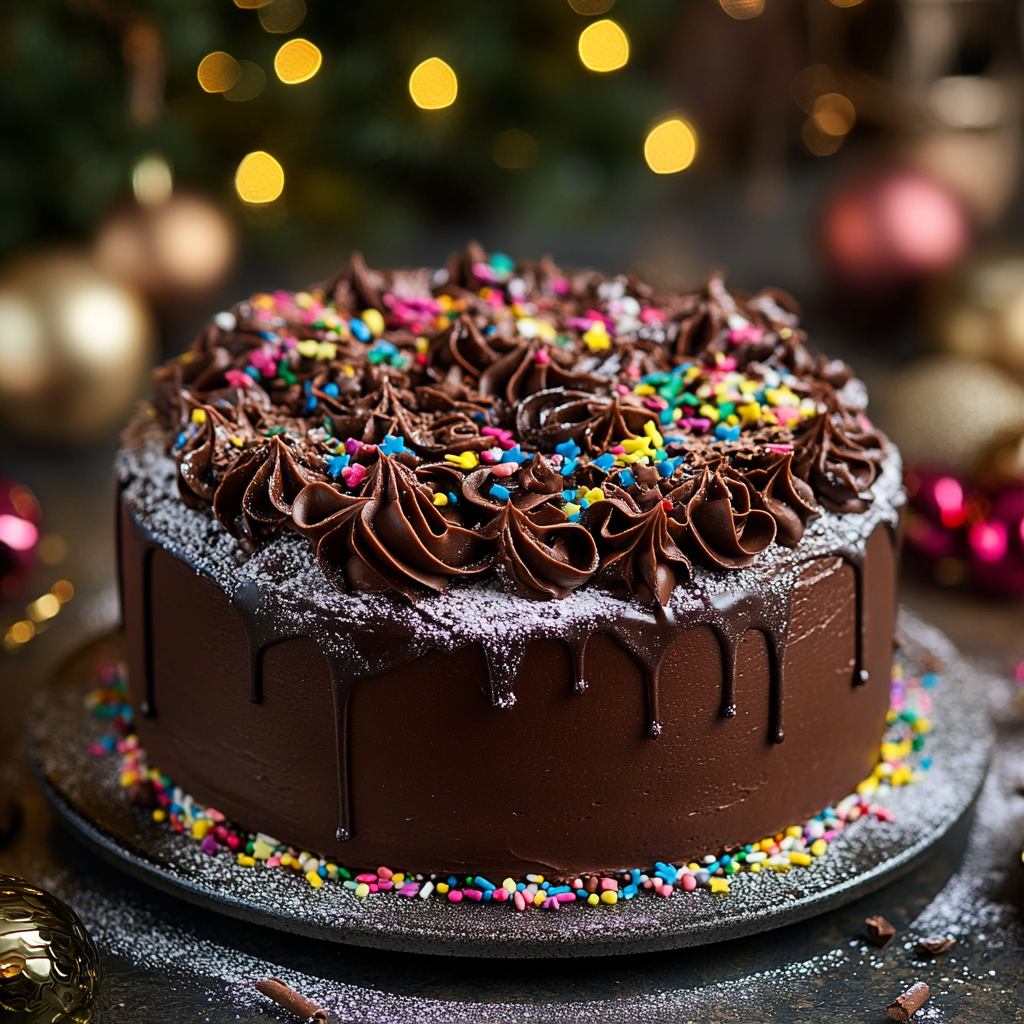 A Matilda cake decorated with chocolate curls and sprinkles for a party.