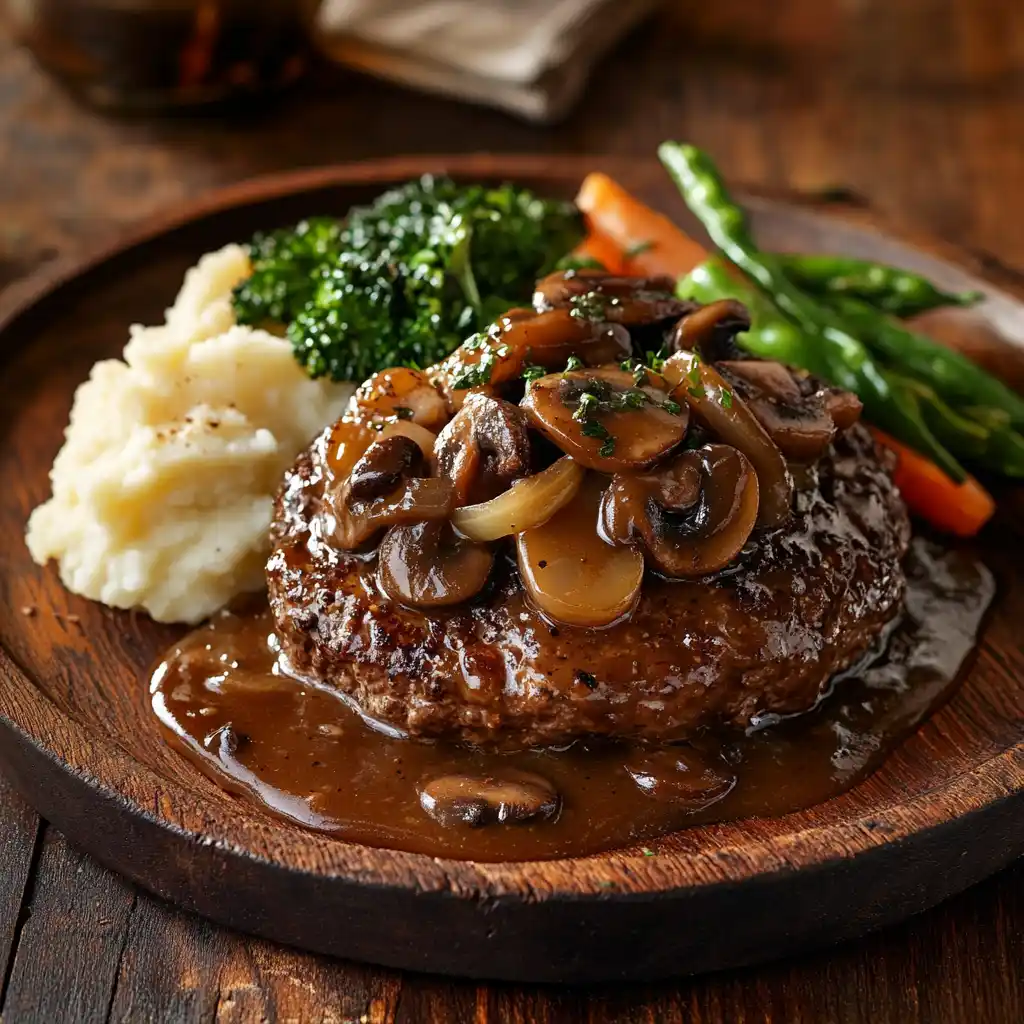 Salisbury steak served with mashed potatoes and roasted vegetables