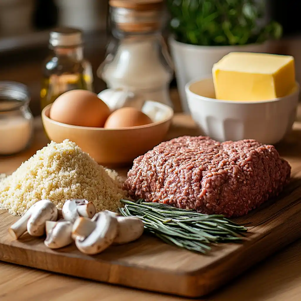 Ingredients for Salisbury steak on a wooden countertop