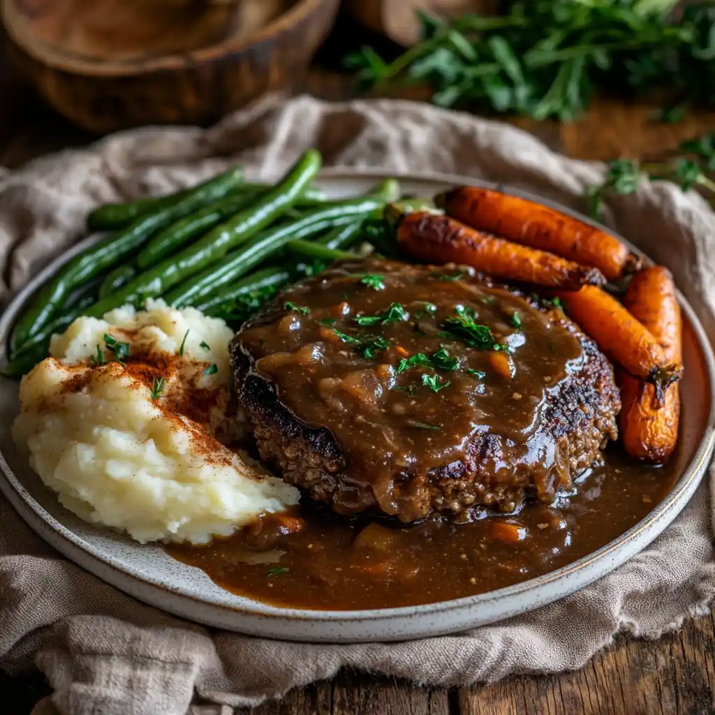 Classic Salisbury steak served with mashed potatoes and gravy