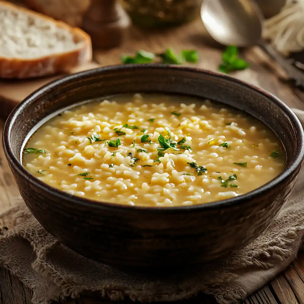 A comforting bowl of traditional pastina soup with parsley garnish.