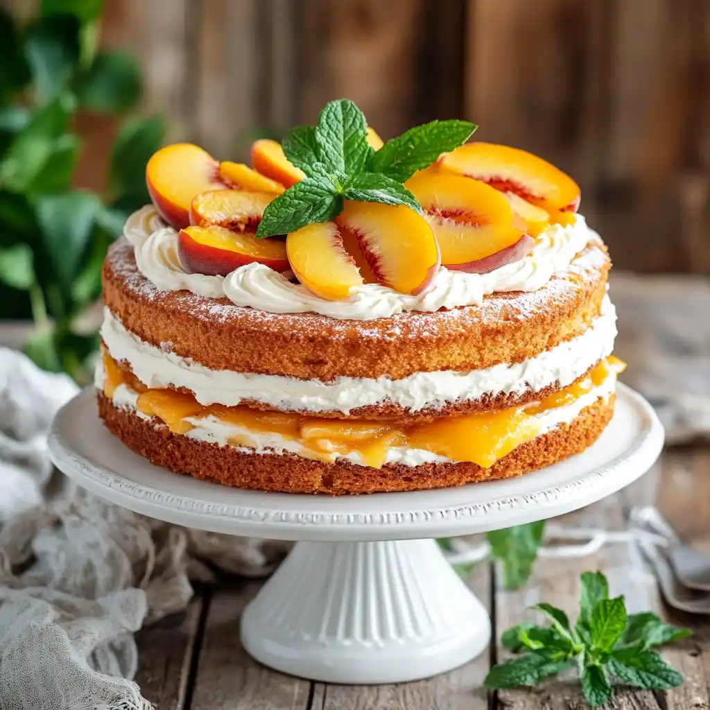 A beautifully presented peaches and cream cake with fresh peach slices and whipped cream garnish.