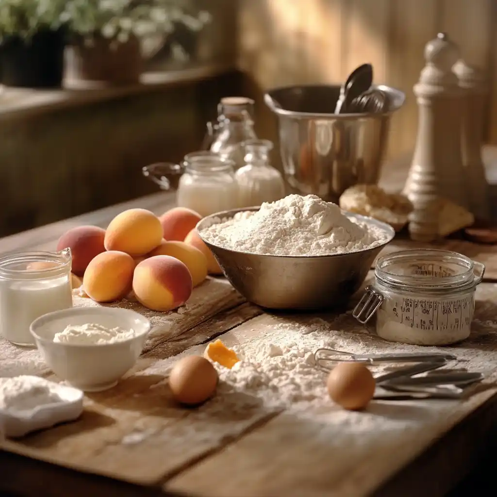 Ingredients for peaches and cream cake on a kitchen counter.