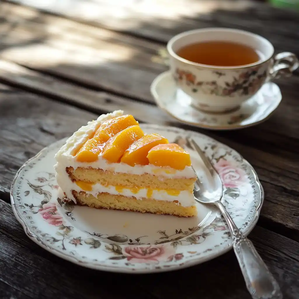 A no-bake peaches and cream cake served on a plate.