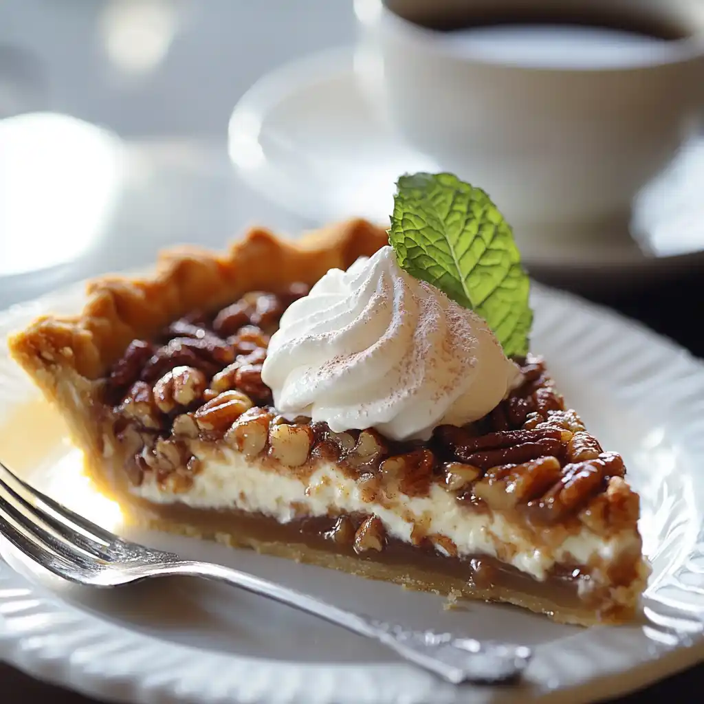 A perfectly baked pecan cream pie with a golden crust and whipped cream topping.