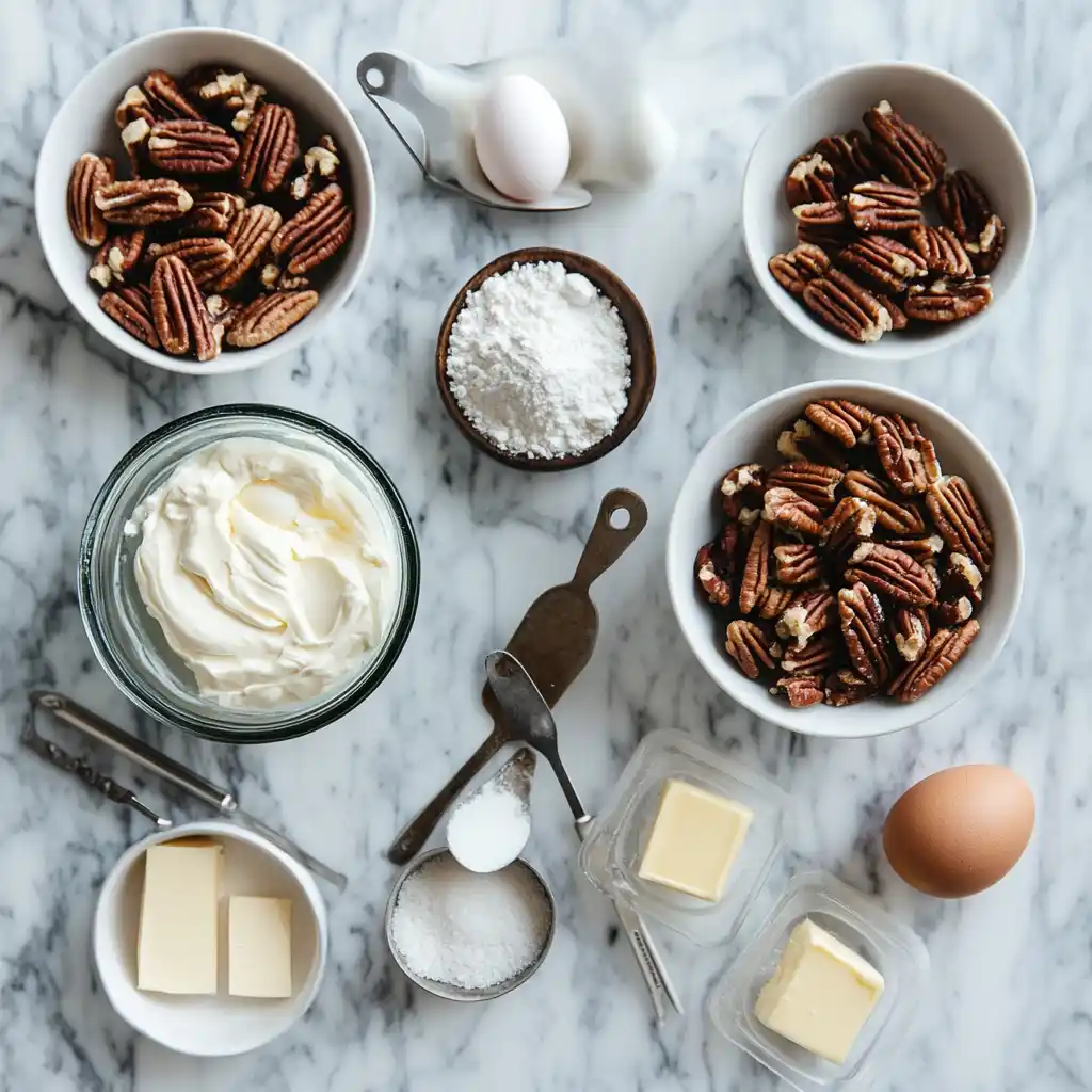 Ingredients for pecan cream pie laid out on a kitchen counter.