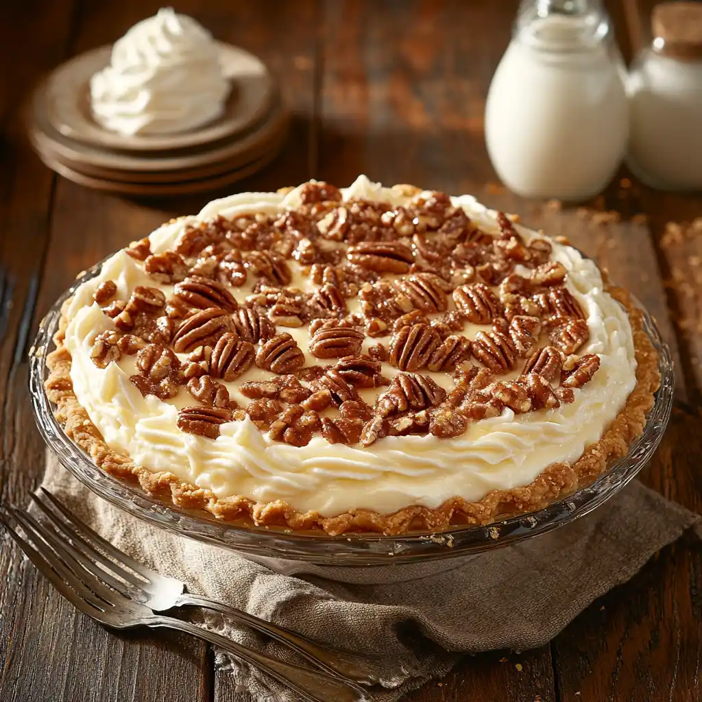 A slice of pecan cream pie served on a white plate.