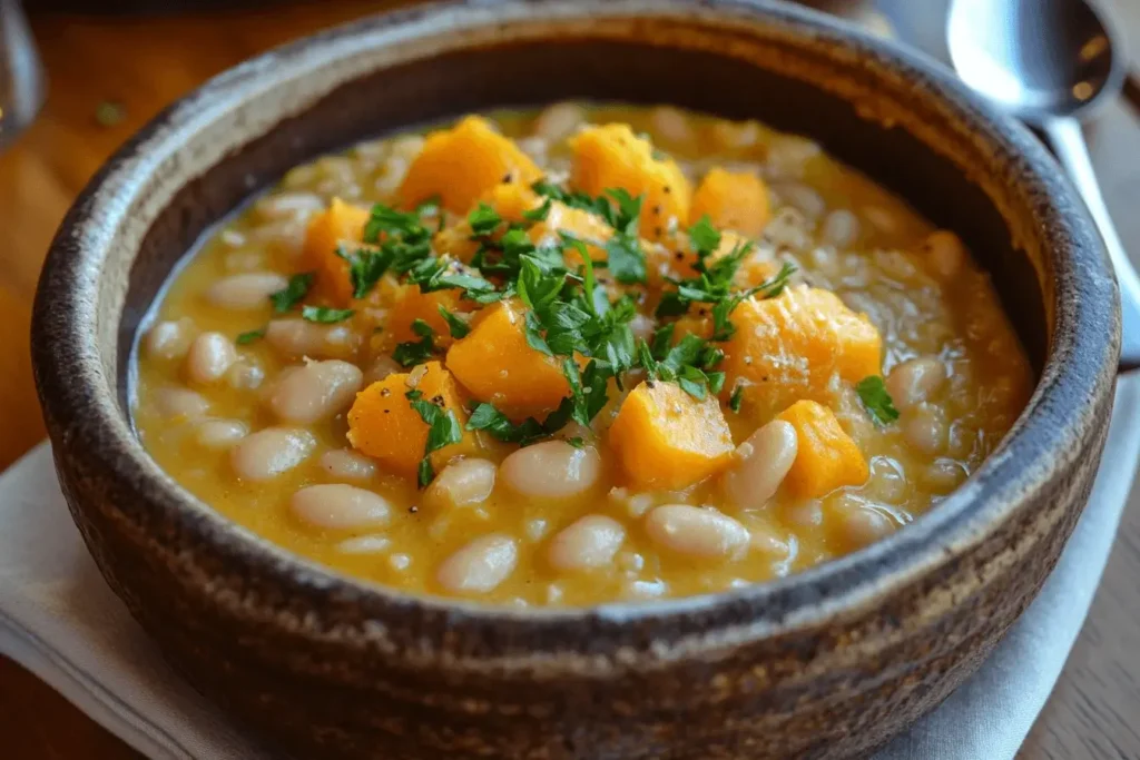 A bowl of creamy pumpkin risotto beans garnished with fresh parsley.