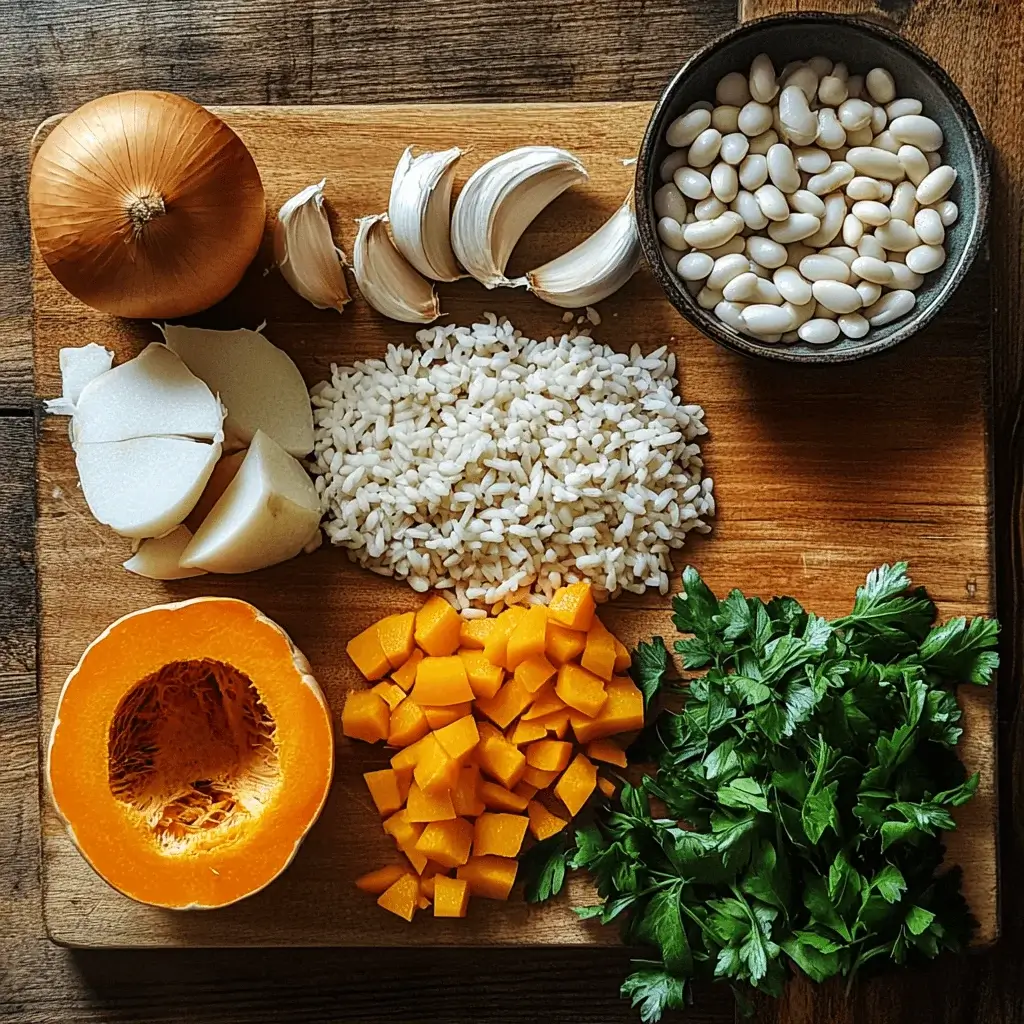 Ingredients for making pumpkin risotto beans displayed on a wooden board.