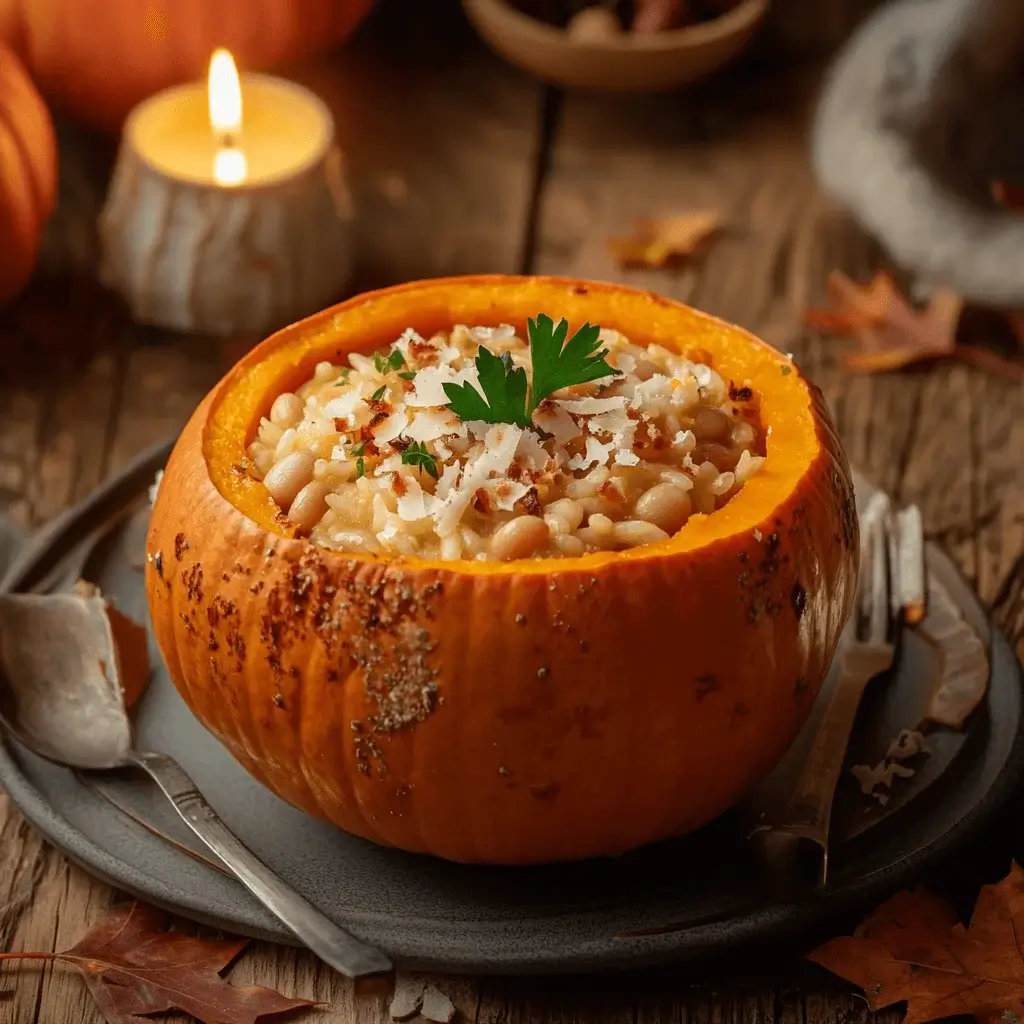 A creative presentation of pumpkin risotto beans in a pumpkin shell.