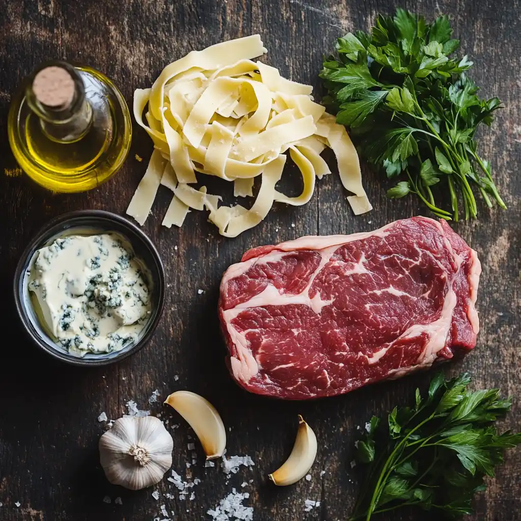 Ingredients for Steak Gorgonzola Alfredo laid out on a table.