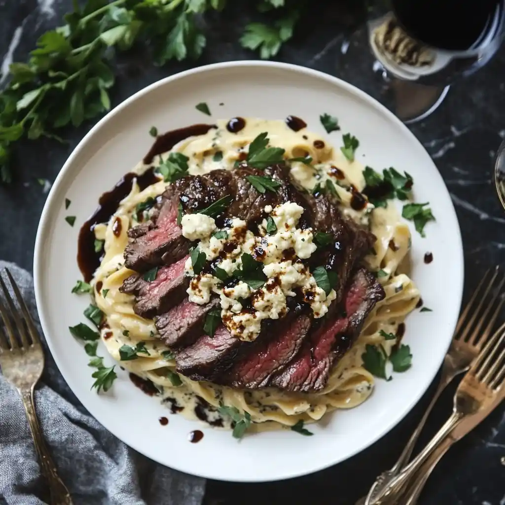 Steak Gorgonzola Alfredo served with elegant plating.