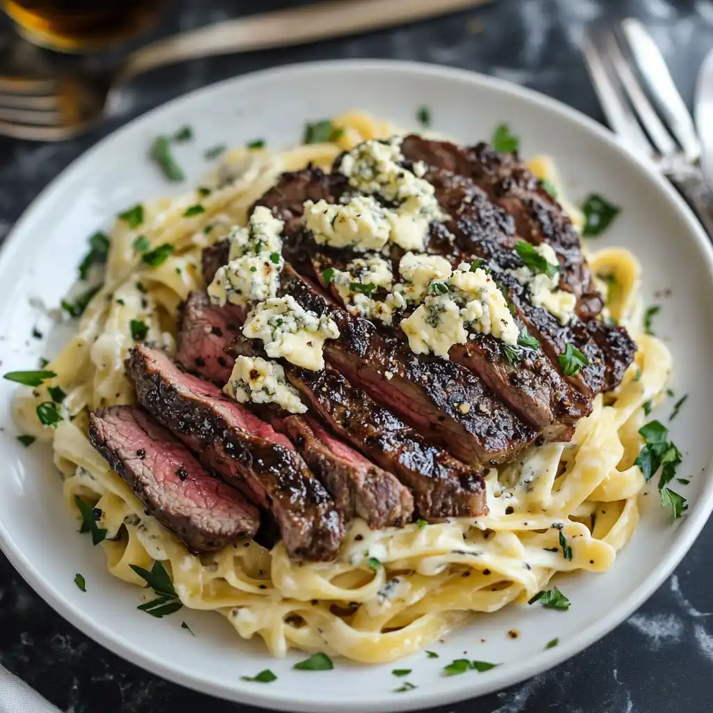 A beautifully plated Steak Gorgonzola Alfredo with creamy sauce.