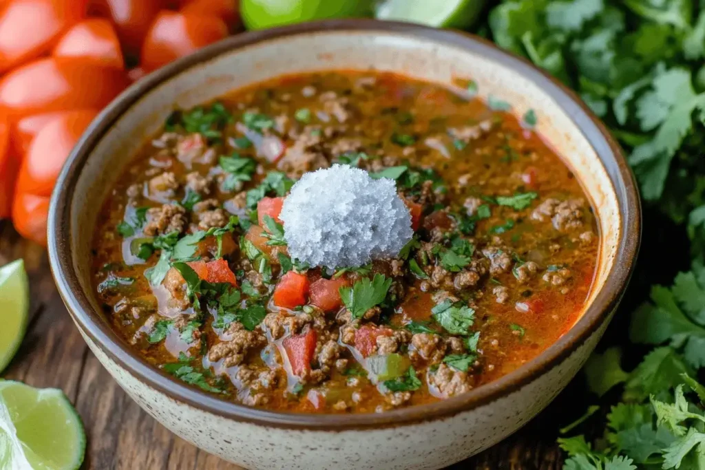 A vibrant bowl of taco soup with a frozen frios topping